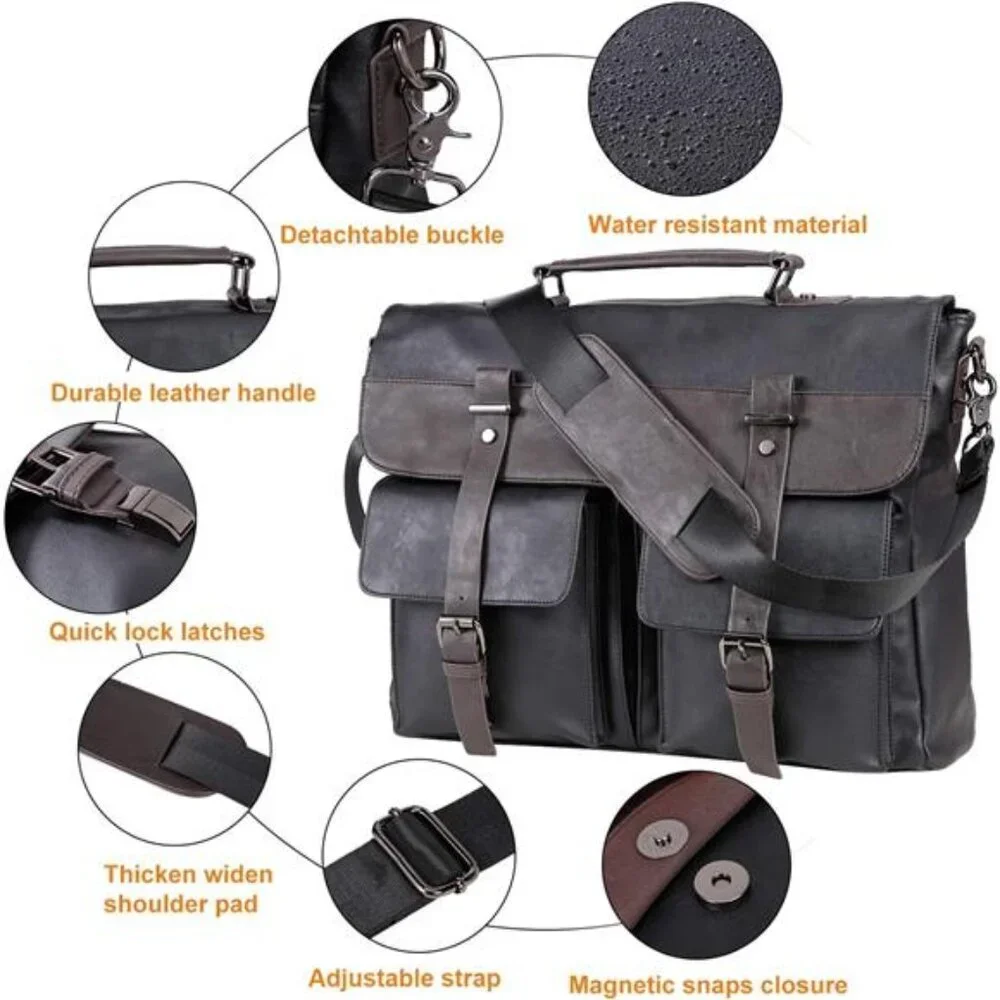 Leather Messenger Bag for Men, 15.6 Inch Vintage Laptop Bag Briefcase Satchel